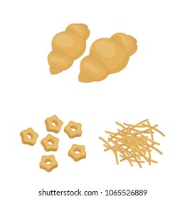 Types of pasta cartoon icons in set collection for design. Figured macaroni for eating vector symbol stock web illustration.