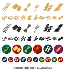 Types of pasta cartoon icons in set collection for design. Figured macaroni for eating vector symbol stock web illustration.