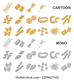 Types of pasta cartoon icons in set collection for design. Figured macaroni for eating vector symbol stock web illustration.