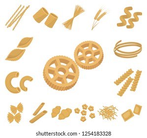 Types of pasta cartoon icons in set collection for design. Figured macaroni for eating vector symbol stock web illustration.