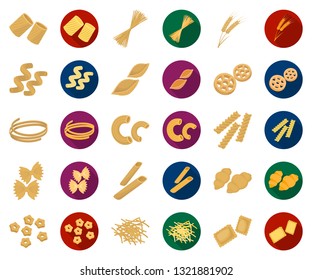 Types of pasta cartoon,flat icons in set collection for design. Figured macaroni for eating vector symbol stock web illustration.