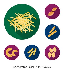 Types of pasta flat icons in set collection for design. Figured macaroni for eating vector symbol stock web illustration.