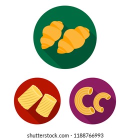 Types of pasta flat icons in set collection for design. Figured macaroni for eating vector symbol stock web illustration.