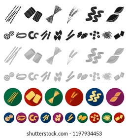 Types of pasta flat icons in set collection for design. Figured macaroni for eating vector symbol stock web illustration.
