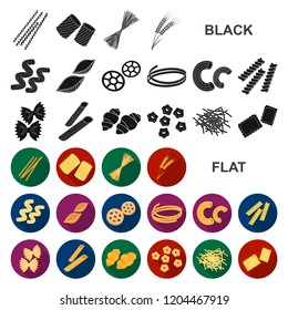 Types of pasta flat icons in set collection for design. Figured macaroni for eating vector symbol stock web illustration.