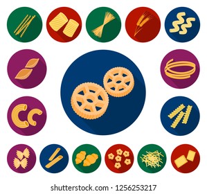 Types of pasta flat icons in set collection for design. Figured macaroni for eating vector symbol stock web illustration.