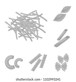 Types of pasta monochrome icons in set collection for design. Figured macaroni for eating vector symbol stock web illustration.