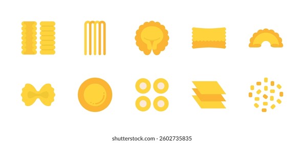 types of pasta noodle shape food icons. flat color style icon set