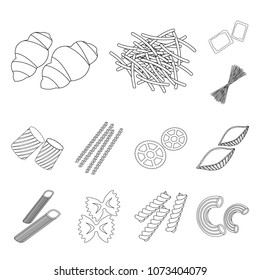 Types of pasta outline icons in set collection for design. Figured macaroni for eating vector symbol stock web illustration.