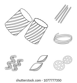 Types of pasta outline icons in set collection for design. Figured macaroni for eating vector symbol stock web illustration.