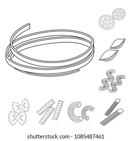 Types of pasta outline icons in set collection for design. Figured macaroni for eating vector symbol stock web illustration.