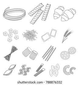 Types of pasta outline icons in set collection for design. Figured macaroni for eating vector symbol stock web illustration.