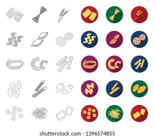 Types  pasta outline,flat icons in set collection  design. Figured macaroni  eating vector symbol stock web illustration.