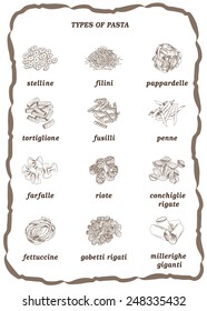 types of pasta set of vector sketches on a white background