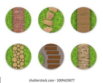 Types of pathway cover. Landscape design. Paving set.