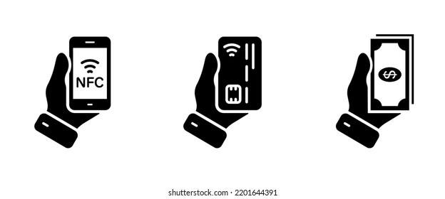 Types of Payment Silhouette Icon. Pay by Mobile Phone, Credit Card, Money Cash Glyph Pictogram. Wireless Electronic Digital Bank Business. Smartphone Card Cash Icon. Isolated Vector Illustration.