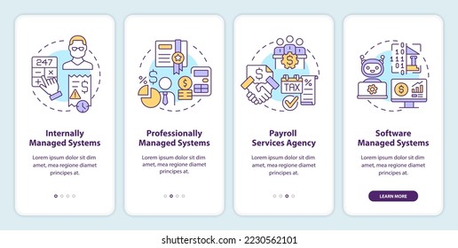 Types of payroll systems onboarding mobile app screen. Salary walkthrough 4 steps editable graphic instructions with linear concepts. UI, UX, GUI template. Myriad Pro-Bold, Regular fonts used