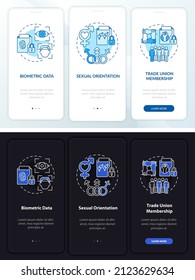 Types of personal data night and day mode onboarding mobile app screen. Walkthrough 3 steps graphic instructions pages with linear concepts. UI, UX, GUI template. Myriad Pro-Bold, Regular fonts used