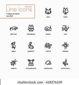 Types of pets - modern vector single line icons set. Reptile, cat, dog, amphibian, snail, fish, bird, rodent, turtle, spider, incects, cattle, hedgehog, exotic