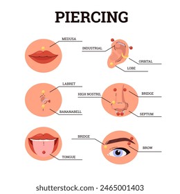 Types of piercings infographics poster. Nose, ear, navel, tongue, eyebrows and lips. Stylish accessory, face jewelry. Vector cartoon illustration body parts piercing scheme with titles