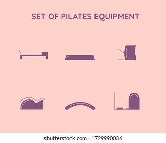 Types of pilates equipment flat icons 