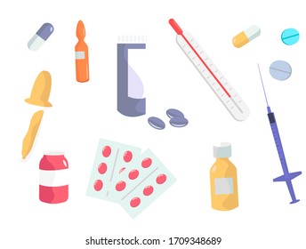 Types of Pills and Drugs.The Medicine. Medical Equipment.Drug, Pills, Capsules, Syringe, Thermometer. Flat Vector Illustration