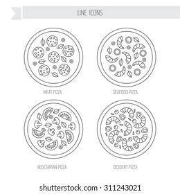 Types of pizza line  icon set. Meat, seafood, vegetarian, desert pizza.