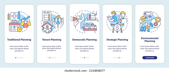 Types of planning onboarding mobile app screen. Tenure planning walkthrough 5 steps graphic instructions pages with linear concepts. UI, UX, GUI template. Myriad Pro-Bold, Regular fonts used