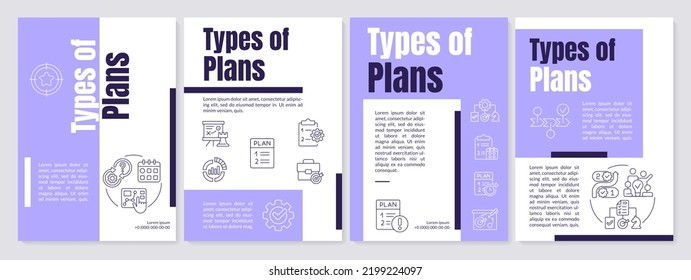 Types of planning purple brochure template. Business strategy. Leaflet design with linear icons. Editable 4 vector layouts for presentation, annual reports. Anton, Lato-Regular fonts used