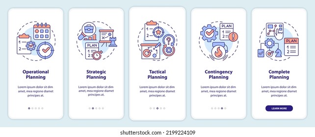 Types of plans onboarding mobile app screen. Business development walkthrough 5 steps editable graphic instructions with linear concepts. UI, UX, GUI template. Myriad Pro-Bold, Regular fonts used