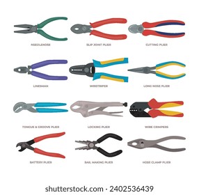 Types of Pliers Set Collection, Needle Nose, Split Joint, Cutting, Linesman, Wire Stripper, Long Nose, Tongue and Groove, Locking, Wire Crimp, Battery Pliers, Bail Making, Hose Clamp, House repair. svg