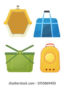 Types of portable pet cages, carrier for dogs and cats cartoon style. rag bag, plastic carrier and backpack for carrying animals vector Illustration on a white background