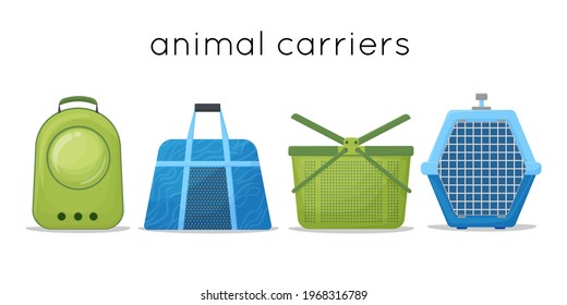 Types of portable pet cages, carrier for dogs and cats cartoon style. rag bag, plastic carrier and backpack for carrying animals vector Illustration on a white background