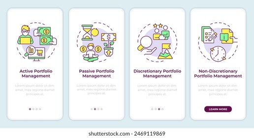 Types of portfolio management onboarding mobile app screen. Walkthrough 4 steps editable graphic instructions with linear concepts. UI, UX, GUI template