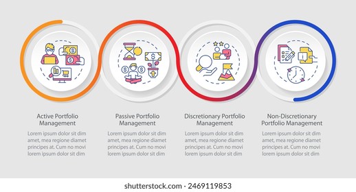 Tipos de Cartera organización bucle infografía Plantilla. Visualización de datos con 4 pasos. Gráfico de información de línea de tiempo editable. Diseño de flujo de trabajo con iconos de línea