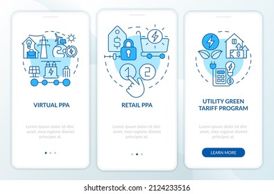 Types of PPA blue onboarding mobile app screen. Agreement definitions walkthrough 3 steps graphic instructions pages with linear concepts. UI, UX, GUI template. Myriad Pro-Bold, Regular fonts used