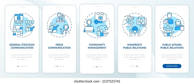 Types of PR firms blue onboarding mobile app screen. Public relations walkthrough 5 steps graphic instructions pages with linear concepts. UI, UX, GUI template. Myriad Pro-Bold, Regular fonts used
