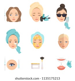 Types of procedures for face rejuvenation. Therapy processes for facelift and wrinkles. Beauty theme. Flat vector for poster of cosmetology salon