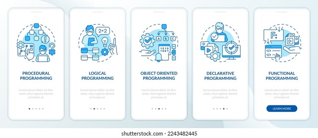 Types of programming paradigms blue onboarding mobile app screen. Walkthrough 5 steps editable graphic instructions with linear concepts. UI, UX, GUI template. Myriad Pro-Bold, Regular fonts used
