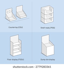 Types of promotional displays icon set for sale point. The outline icons are well scalable and editable. Contrasting elements are good for different backgrounds. EPS10.
