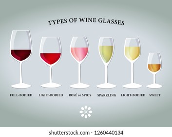 Types of proper wine glasses. Vector drawing.