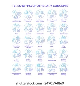 Types of psychotherapy blue gradient concept icons. Mental health. Talk therapy. Change behaviour and become happy. Icon pack. Vector images. Round shape illustrations. Abstract idea