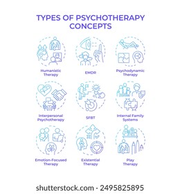 Types of psychotherapy blue gradient concept icons. Psychological conditions. Self awareness. Icon pack. Vector images. Round shape illustrations for infographic, presentation. Abstract idea