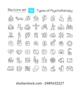 Types of psychotherapy linear icons set. Creativity expression, psychoanalysis. Meditation spirituality, dosha. Customizable thin line symbols. Isolated vector outline illustrations. Editable stroke