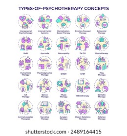 Types of psychotherapy multi color concept icons. Mental health. Talk therapy. Change behaviour and become happy. Icon pack. Vector images. Round shape illustrations. Abstract idea