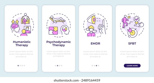 Types of psychotherapy onboarding mobile app screen. Walkthrough 4 steps editable graphic instructions with linear concepts. UI, UX, GUI template