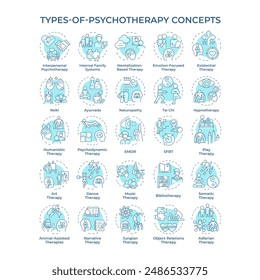 Types of psychotherapy soft blue concept icons. Mental health and wellbeing. Talk therapy. Change behaviour and become happy. Icon pack. Vector images. Round shape illustrations. Abstract idea