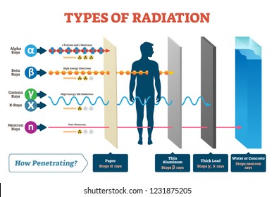 Tipos de diagrama de ilustraciones de vectores de radiación y esquema de ejemplo etiquetado. Muestra cómo funcionan los rayos alfa, beta, gamma, neutrón y X. Infografía de qué material detiene este proceso de penetración de haz iónico.