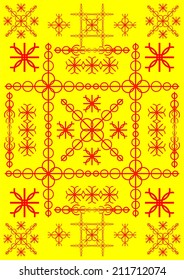 Types of red shapes and lines on a yellow background.