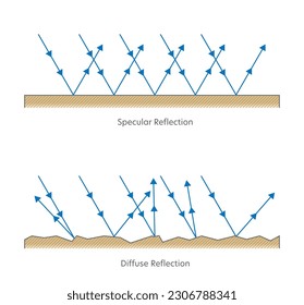 Types of Reflection of Light. Specular Reflection. Diffuse Reflection. Laws of Reflection. Properties of Light, Teaching resources. primary grade. diagram. chart. Illustration. Vector.